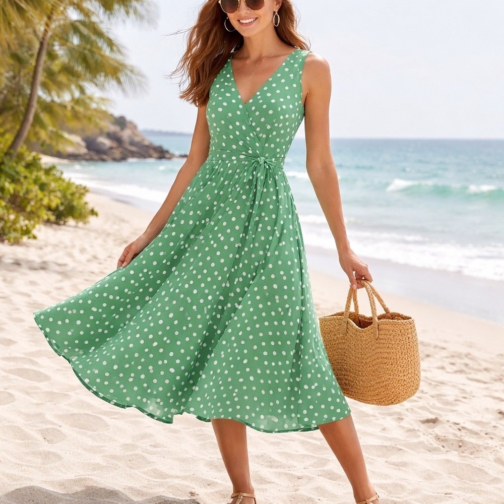 Aline NWTs Green Polka Dot Linen Blend Dress Fit & Flare Rockabilly Romance‎ Med